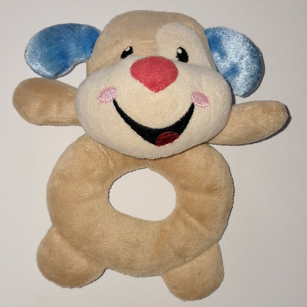 Fisher Price Adorable 6" Soft Plush Puppy Dog Baby Rattle Ring Toy
